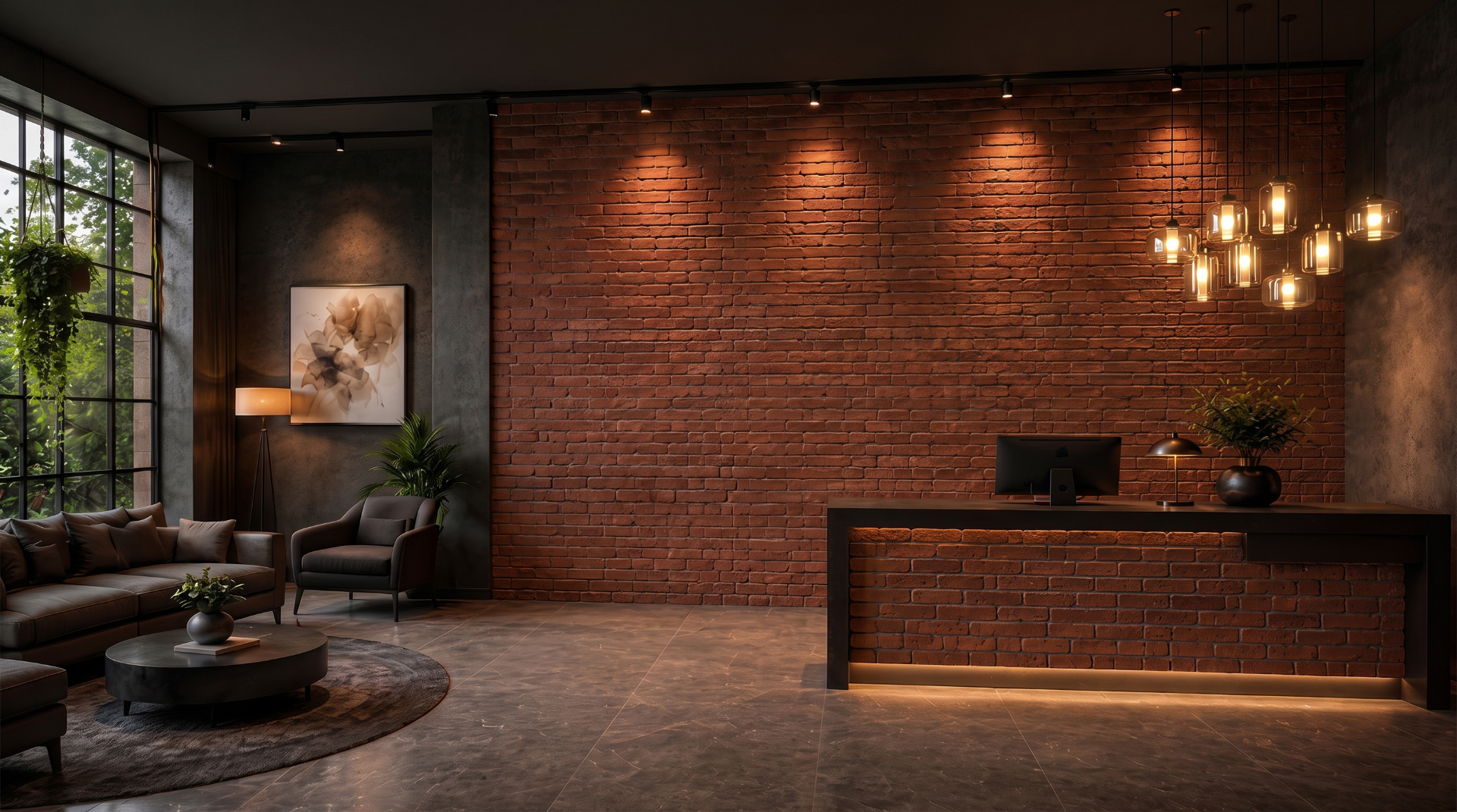 Warm brick reception lobby with pendant lighting — Dazzle Ceramic showroom, Gota Ahmedabad