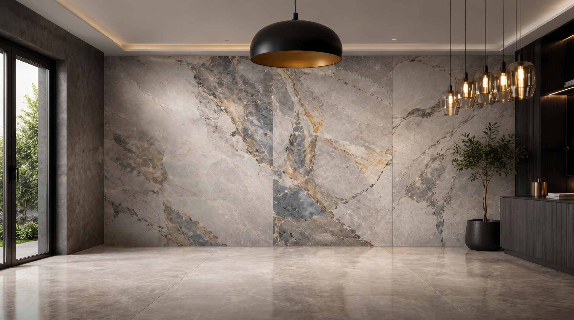 Grey and gold veined marble slab room with dome pendant — Dazzle Ceramic