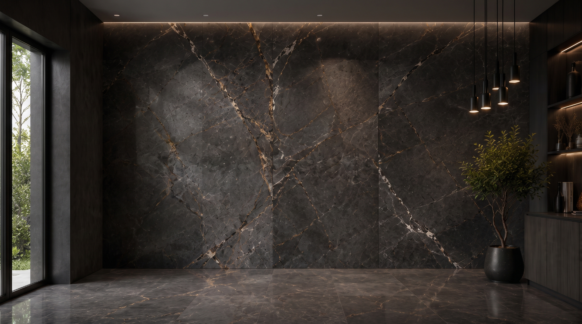 Dark charcoal marble feature wall with copper veining — Dazzle Ceramic Ahmedabad