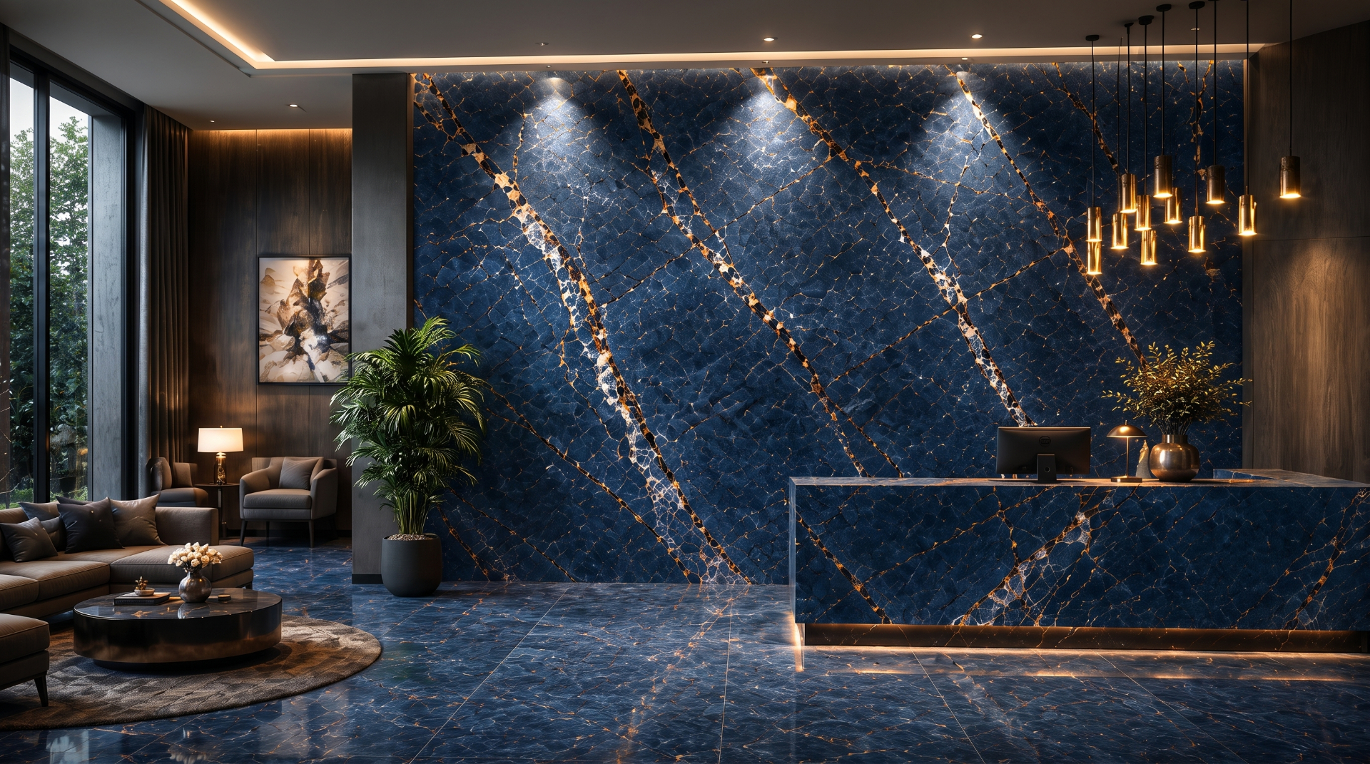 Sapphire blue marble bookmatch reception wall with gold veins — Dazzle Ceramic