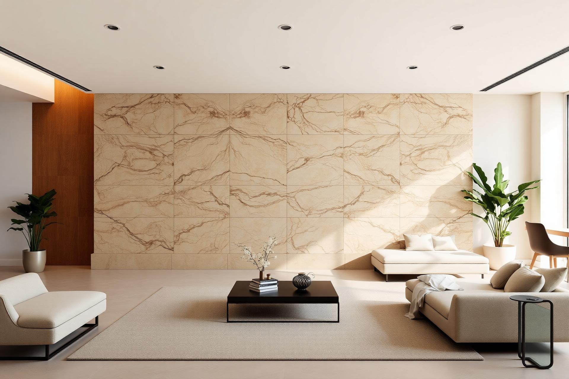 Luxury living room interior featuring premium porcelain tiles from Dazzle Ceramic showroom in Gota, Ahmedabad